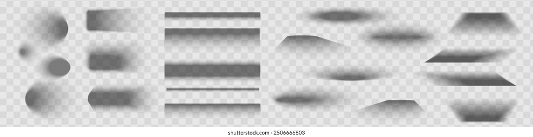 Square and rectangle box shadow effects. Realistic overlay and transparent shadows vector set, shades falling from objects on floor with soft black edges and dark corners, transparent background