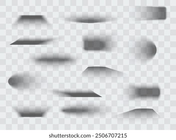Square and rectangle box shadow effects. Realistic overlay and transparent shadows vector set, shades falling from objects on floor with soft black edges and dark corners, transparent background