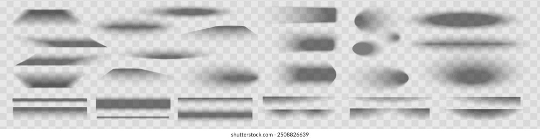 Square and rectangle box shadow effects. Realistic overlay and transparent shadows vector set, shades falling from objects on floor with soft black edges and dark corners, transparent background