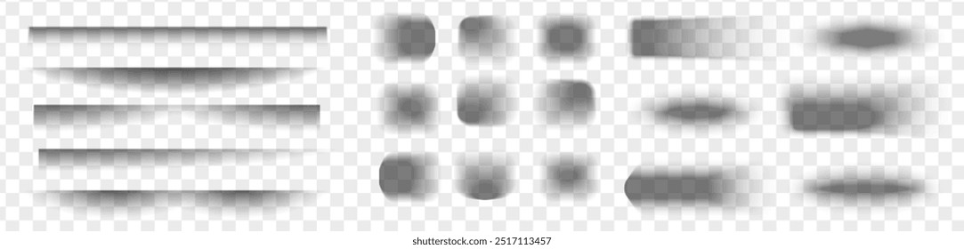 Square and rectangle box shadow effects. Realistic overlay and transparent shadows vector set, shades falling from objects on floor with soft black edges and dark corners, transparent background