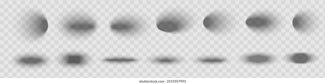 Square and rectangle box shadow effects. Realistic overlay and transparent shadows vector set, shades falling from objects on floor with soft black edges and dark corners, transparent background