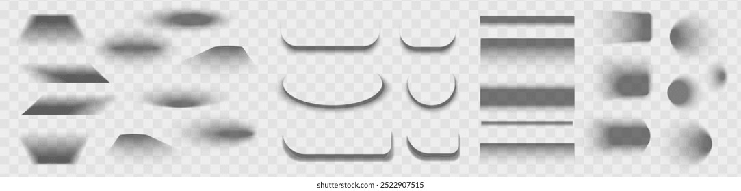 Square and rectangle box shadow effects. Realistic overlay and transparent shadows vector set, shades falling from objects on floor with soft black edges and dark corners, transparent background