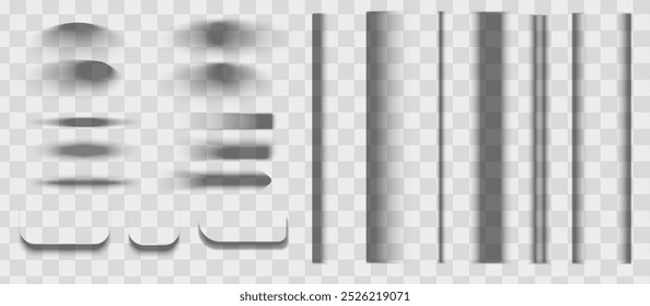 Square and rectangle box shadow effects. Realistic overlay and transparent shadows vector set, shades falling from objects on floor with soft black edges and dark corners, transparent background