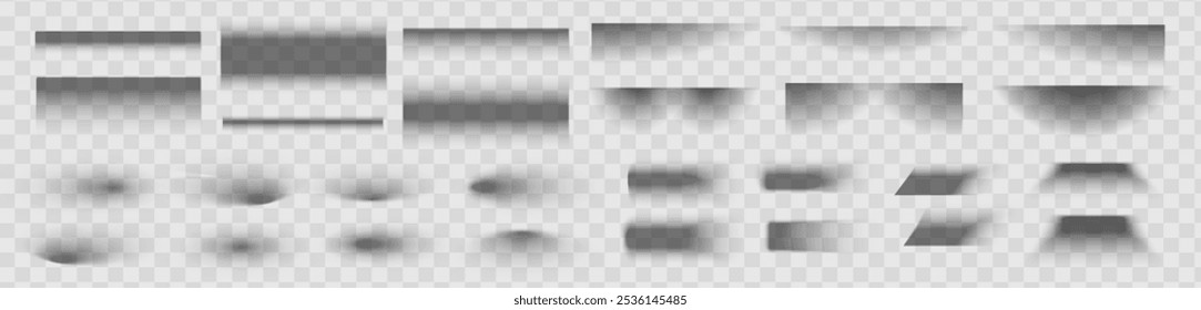 Square and rectangle box shadow effects. Realistic overlay and transparent shadows vector set, shades falling from objects on floor with soft black edges and dark corners, transparent background