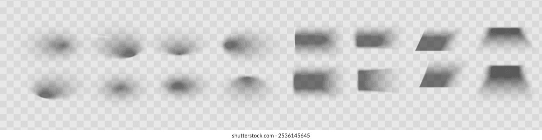 Square and rectangle box shadow effects. Realistic overlay and transparent shadows vector set, shades falling from objects on floor with soft black edges and dark corners, transparent background