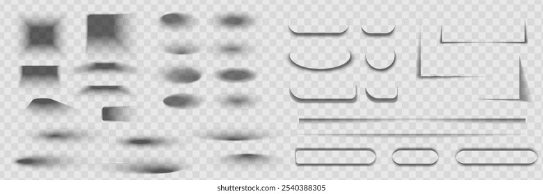 Square and rectangle box shadow effects. Realistic overlay and transparent shadows vector set, shades falling from objects on floor with soft black edges and dark corners, transparent background