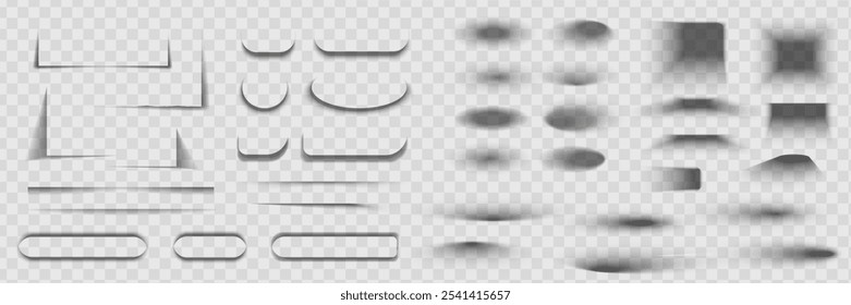 Square and rectangle box shadow effects. Realistic overlay and transparent shadows vector set, shades falling from objects on floor with soft black edges and dark corners, transparent background