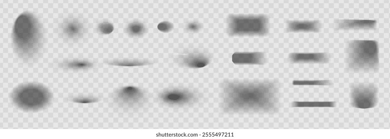 Square and rectangle box shadow effects. Realistic overlay and transparent shadows vector set, shades falling from objects on floor with soft black edges and dark corners, transparent background