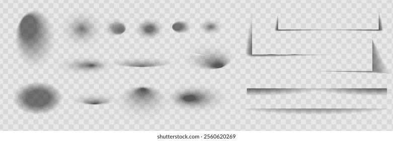 Square and rectangle box shadow effects. Realistic overlay and transparent shadows vector set, shades falling from objects on floor with soft black edges and dark corners, transparent background