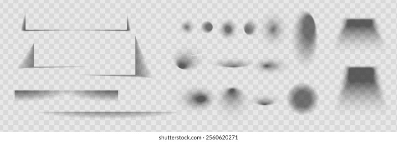 Square and rectangle box shadow effects. Realistic overlay and transparent shadows vector set, shades falling from objects on floor with soft black edges and dark corners, transparent background