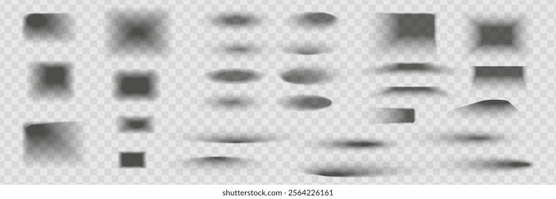 Square and rectangle box shadow effects. Realistic overlay and transparent shadows vector set, shades falling from objects on floor with soft black edges and dark corners, transparent background
