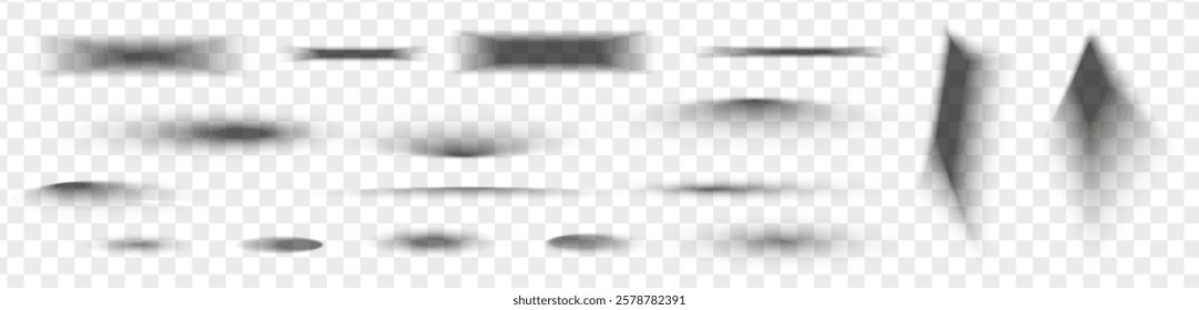 Square and rectangle box shadow effects. Realistic overlay and transparent shadows vector set, shades falling from objects on floor with soft black edges and dark corners, transparent background