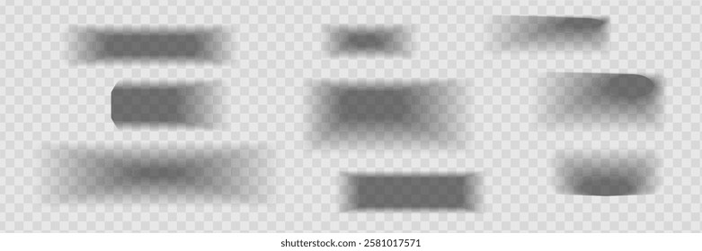 Square and rectangle box shadow effects. Realistic overlay and transparent shadows vector set, shades falling from objects on floor with soft black edges and dark corners, transparent background