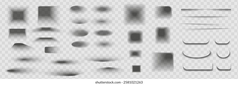 Square and rectangle box shadow effects. Realistic overlay and transparent shadows vector set, shades falling from objects on floor with soft black edges and dark corners, transparent background