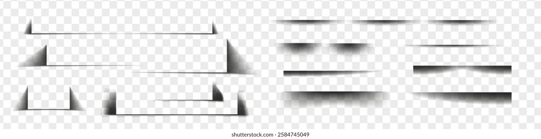 Square and rectangle box shadow effects. Realistic overlay and transparent shadows vector set, shades falling from objects on floor with soft black edges and dark corners, transparent background