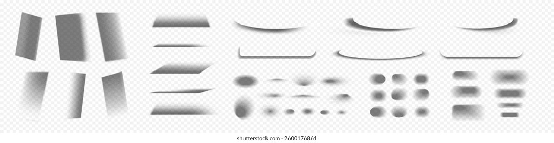 Square and rectangle box shadow effects. Realistic overlay and transparent shadows vector set, shades falling from objects on floor with soft black edges and dark corners, transparent background
