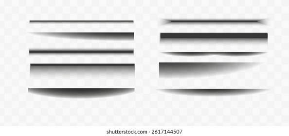 Square and rectangle box shadow effects. Realistic overlay and transparent shadows vector set, shades falling from objects on floor with soft black edges and dark corners, transparent background