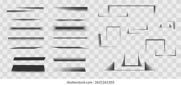 Square and rectangle box shadow effects. Realistic overlay and transparent shadows vector set, shades falling from objects on floor with soft black edges and dark corners, transparent background