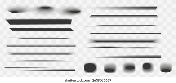 Square and rectangle box shadow effects. Realistic overlay and transparent shadows vector set, shades falling from objects on floor with soft black edges and dark corners, transparent background