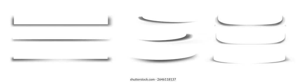 Square and rectangle box shadow effects. Realistic overlay and transparent shadows vector set, shades falling from objects on floor with soft black edges and dark corners, transparent background