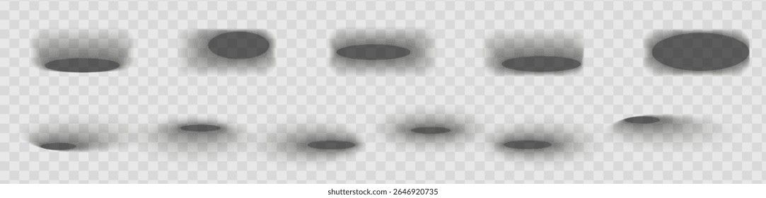 Square and rectangle box shadow effects. Realistic overlay and transparent shadows vector set, shades falling from objects on floor with soft black edges and dark corners, transparent background