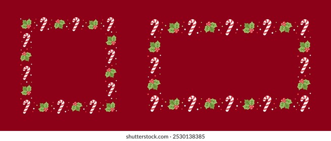 Square and Rectangle Christmas Frame Border Set, Winter Holiday Graphics. Cute Mistletoe and Candy Cane pattern, card and social media post template vector illustration.