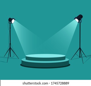 Square rectangle stage podium illuminated by two spotlights. Empty pedestal for display. 3d realistic 2 step platform for design. Isolated.  Template Flat design. Vector illustration