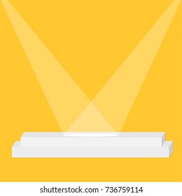 Square rectangle stage podium illuminated by two spotlights. Empty pedestal for display. 3d realistic 2 step platform for design. Isolated. Yellow background. Template Flat design. Vector illustration