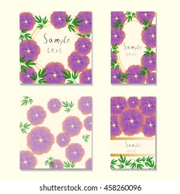 square and rectangular cards with the image of multi-colored stylized peonies: pink, purple, blue, red.