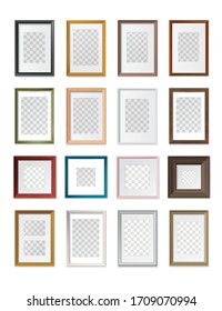 Square and rectangular picture frames transparent background various types sizes material color realistic mockup set vector illustration               