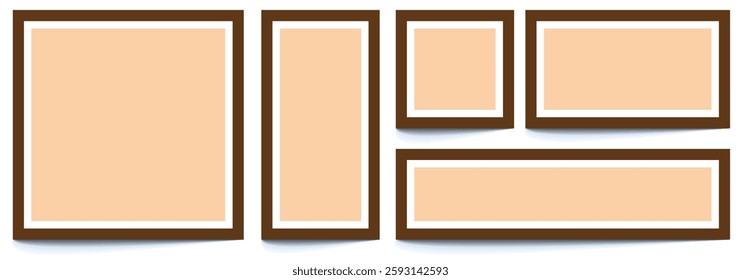 Square and rectangular pictures. Poster or painting mockup.  Realistic blank photo frame isolated. Borders set for painting, poster, photo gallery. Set of dark brown modern frame isolated. 