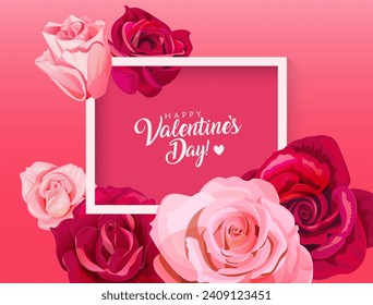 Square rectangular romantic card for Valentine's Day. Angular frame with pink, red, white rose flowers on bright background. Template for Valentine greeting. Realistic illustration in watercolor style