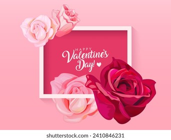 Tarjeta rectangular cuadrada para San Valentín. Marco angular con flores rosadas, rojas, blancas de rosa sobre fondo brillante. Plantilla para el saludo de San Valentín. Ilustración realista al estilo acuarela