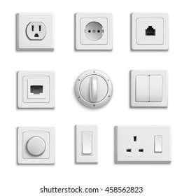 Square rectangular and round white switches and sockets realistic set on white background isolated vector illustration