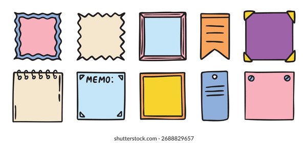 Square and rectangular sticky notes, tear off papers, colorful planner set, hand drawn. Vector illustration.