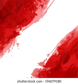 Square red abstract background with artistic brush strokes and paint splashes. Vector.