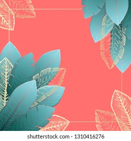 Square red background with bright blue and golden tropical leaves. Summer exotic emerald leaf frame for birthday greeting cards, banner design, wedding decoration