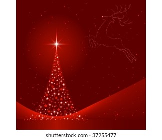 Fondo rojo cuadrado para Navidad que muestra un árbol de Navidad hecho de estrellas y la silueta de un reno en el cielo. 6 Colores globales, mezclas. Obra de arte agrupada y estratificada.