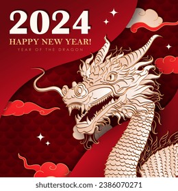 Square red banner with hand drawn paper cut clouds, stars and golden Chinese dragon zodiac sign  for 2024 New Year. Greeting card in asian style for Christmas or winter holidays for Year of the dragon