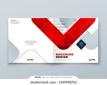 Square Red Brochure Design. A4 Cover Template for Brochure, Report, Catalog, Magazine. Brochure Layout with Bright Color Square Shapes and Abstract Photo on Background. Modern Brochure concept