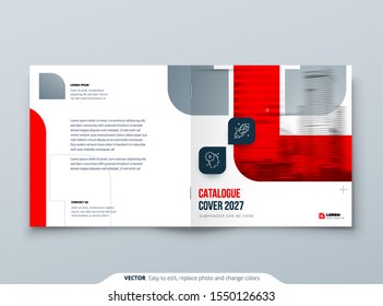 Square Red Brochure Design. A4 Cover Template for Brochure, Report, Catalog, Magazine. Brochure Layout with Bright Color Square Shapes and Abstract Photo on Background. Modern Brochure concept