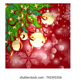 A square red christmas background with snowflakes, coniferous branches decorated with golden balls, stars, ribbons.