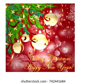 A square red christmas background with snowflakes, coniferous branches decorated with golden balls, stars, ribbons. The inscription of Merry Christmas and a Happy New Year