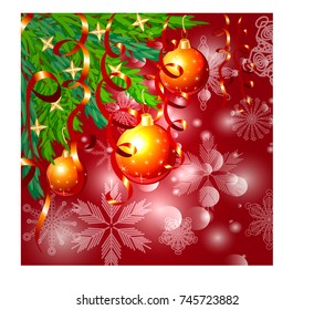 A square red Christmas background with snowflakes, coniferous branches, decorated with red balls, stars, ribbons.