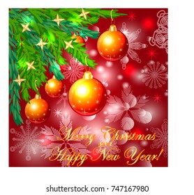 A square red Christmas background with snowflakes, coniferous branches, decorated with red balls, stars. The inscription of Merry Christmas and a Happy New Year