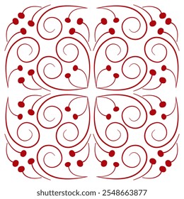 Elemento de design vermelho quadrado das linhas curvas. Renda cachos vermelhos sobre um fundo branco. Ramos estilizados com bagas. Folclore floral estilo ornamento sem costura norte. Telha de mosaico monocromático para o seu design