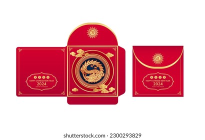 Plantilla de sobre rojo cuadrado aislada en fondo blanco. Feliz Año Nuevo Chino 2024. Patrón de zodiaco oro de dragón. (Traducción: Feliz Año Nuevo Chino 2024, Dragón) por diseño de impresión. Vector.