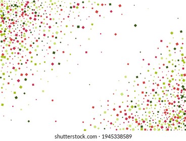 Square Red Falling Frame. Isolated Geometric Texture. Green Tiny Dot Mosaic. Rhombus Element Wallpaper.