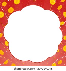 fondo cuadrado de marco rojo con monedas caídas, papel y cinta adhesiva