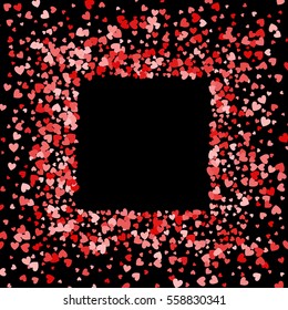 Square red frame or border of random scatter hearts. Design element for festive banner, greeting card, postcard, wedding invitation, Valentines day and save the date card. Vector illustration.